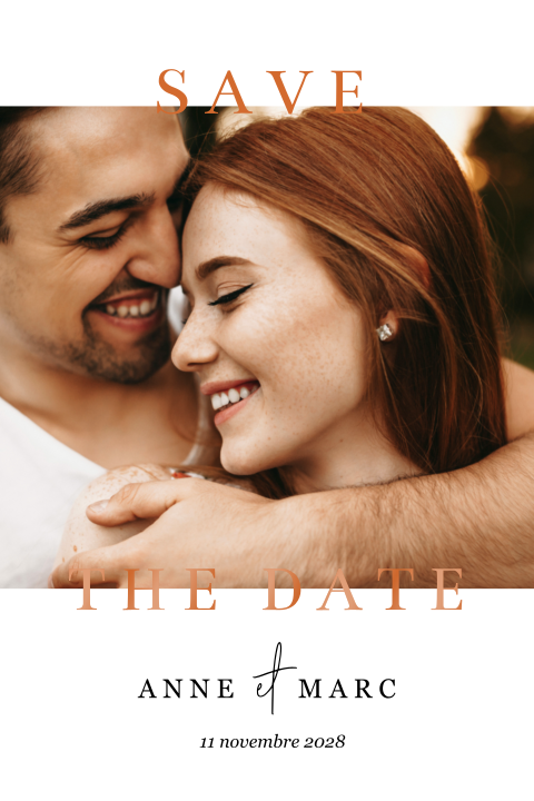 Save the date avec photo et une écriture en vernis orangé