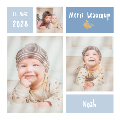Carte de remerciement de baptême en bleu avec collage photos