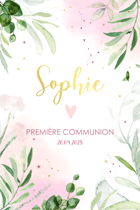 Faire-part de communion avec branches en aquarelle et dorures