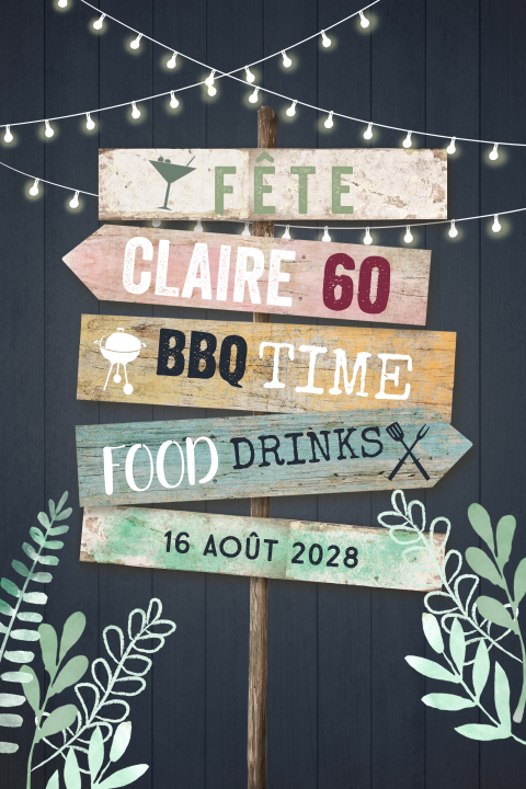 Carte d'invitation avec panneau indicateur et guirlandes lumineuses