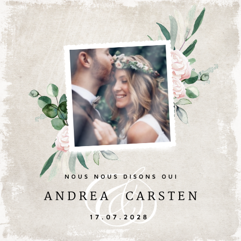 Faire-part de mariage avec photo, roses et feuilles d'eucalyptus
