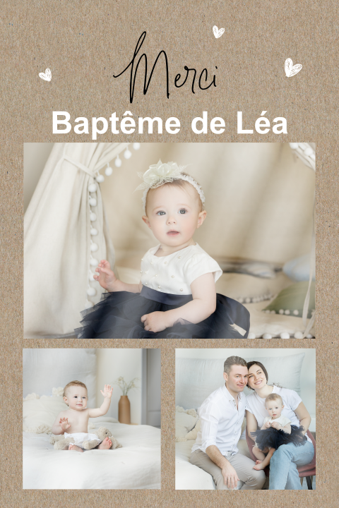 Carte de remerciement baptême avec photos et cœurs sur fond brun