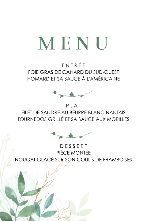 Menu avec des feuilles d'aquarelle et les initiales des mariés