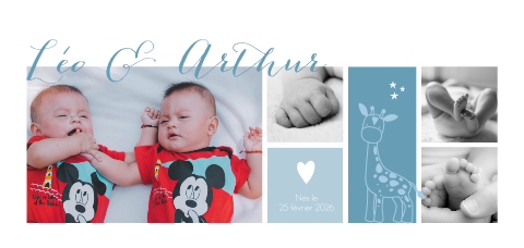 Carte de remerciement naissance pour jumeaux avec photos et girafe