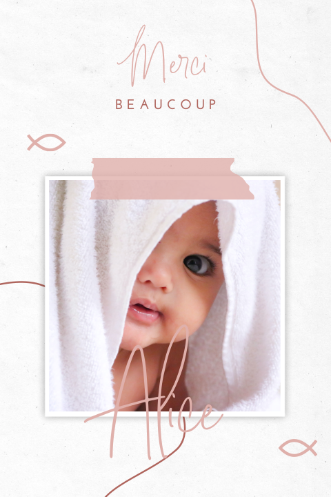 Carte de remerciement pour le baptême avec photo et écriture rose