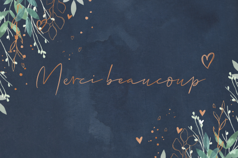 Carte de remerciement bleu foncé avec feuillages et vernis