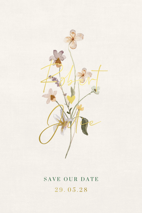Save the date avec des fleurs de champs aquarelle et dorure