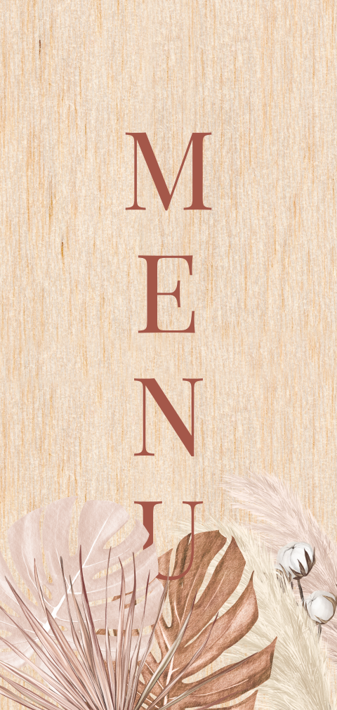 Carte de menu en bois véritable avec des feuilles de couleur bronze