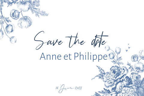 Save the date avec une bordure de fleurs bleues