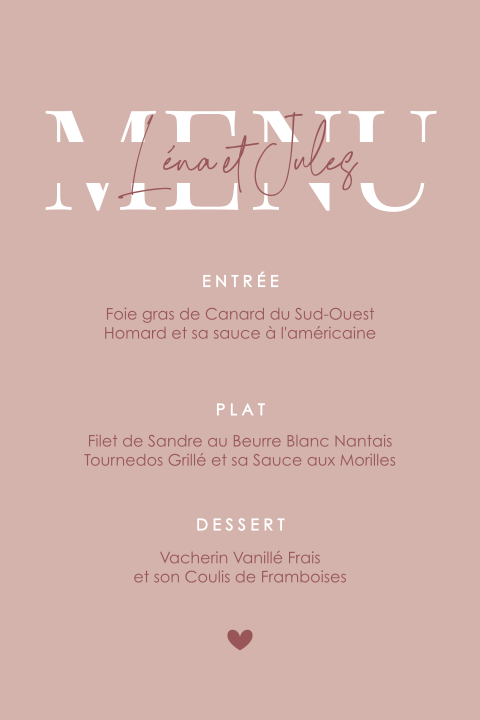 Menu moderne avec une belle typographie sur fond rose
