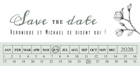 Save the date avec un calendrier et une bande verte claire
