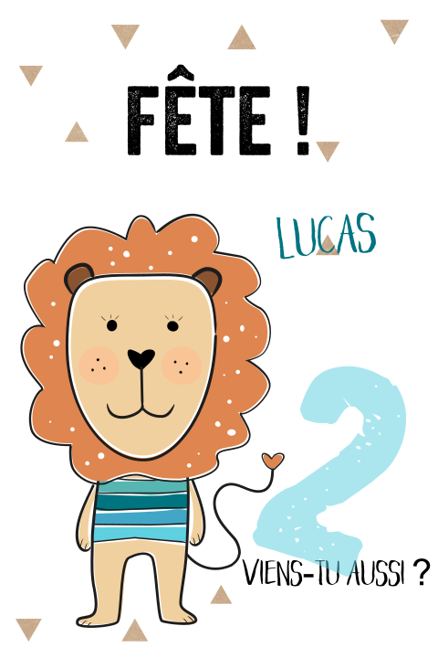 Carte d'invitation pour le 2e anniversaire avec un lion dessiné