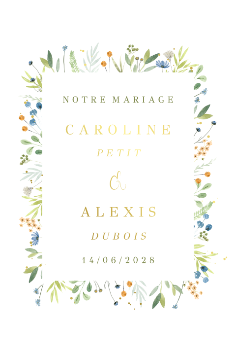 Faire-part de mariage avec bordure de fleurs et dorure