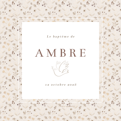 Faire-part de baptême avec colombe et motif de fleurs