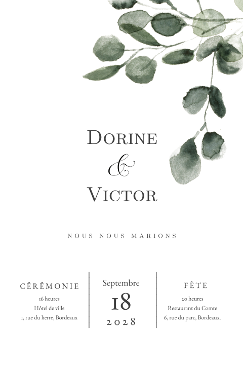 Faire-part élégant avec branche d'eucalyptus