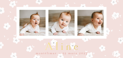 Faire-part de naissance avec motif fleuri sur fond rose