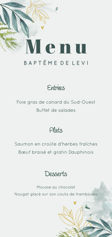 Carte de menu pour le baptême avec des feuillages en aquarelle