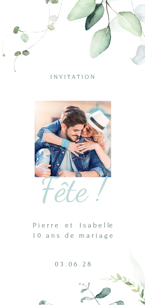 Invitation anniversaire mariage avec photo et branches d'eucalyptus