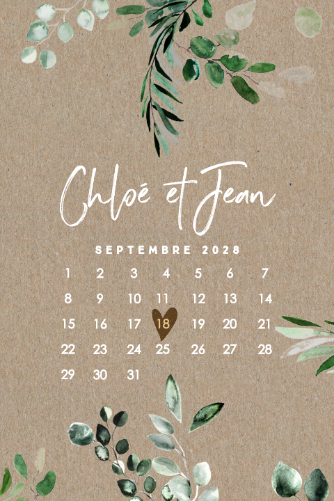 Faire-part de mariage avec calendrier et eucalyptus sur papier kraft