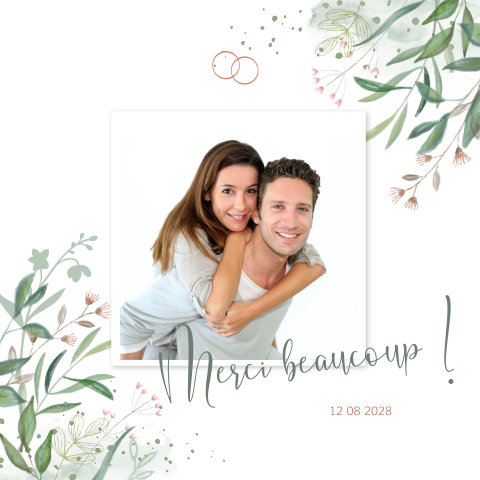 Carte de remerciement avec photo, fleurs et feuilles