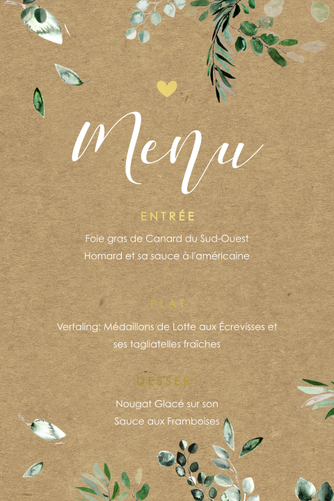 Menu joyeux avec dorures et feuillage