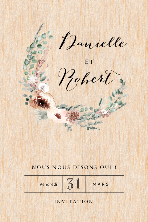 Faire-part de mariage en couleur bois avec des fleurs aquarelles