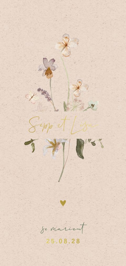 Faire-part allongé avec fleurs séchées et dorure