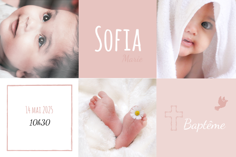 Faire-part de baptême en rose avec trois photos
