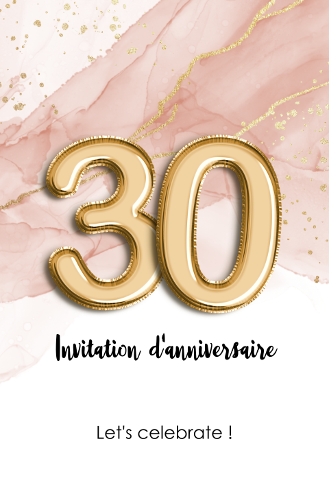 Carte d'invitation pour les 30 ans avec un aspect marbré rose et or