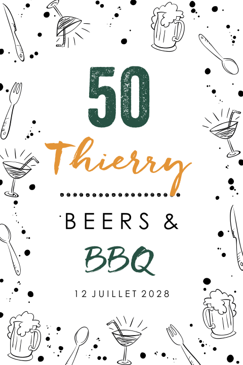Carte d'invitation pour les 50 ans avec des verres à bière et cocktail