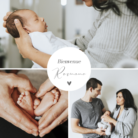 Faire-part de naissance avec photos et texte noir métallisé brillant