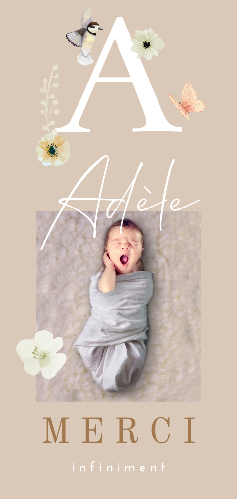 Carte de remerciement avec photo, papillon et fleurs sur fond beige