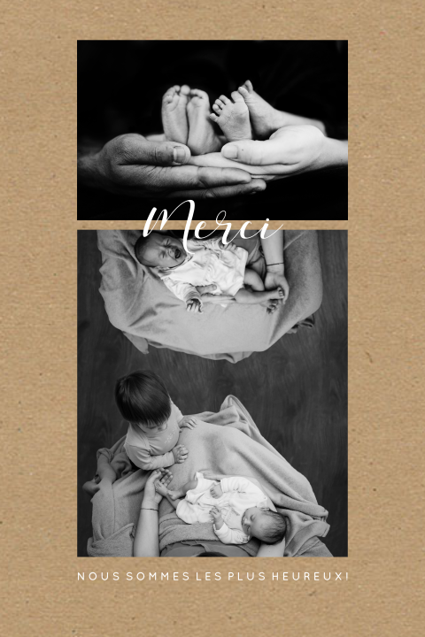 Carte de remerciement pour des jumeaux avec photos sur aspect kraft