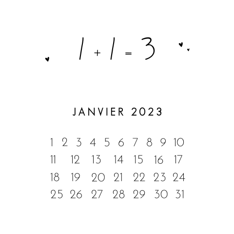 Annonce de grossesse 1+1=3 avec calendrier