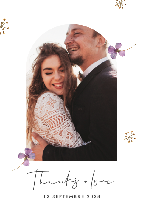 Carte de remerciement avec photo en arche et violettes