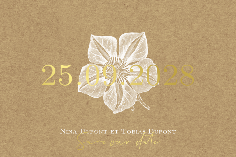 Save the date avec des fleurs blanches et des détails dorés