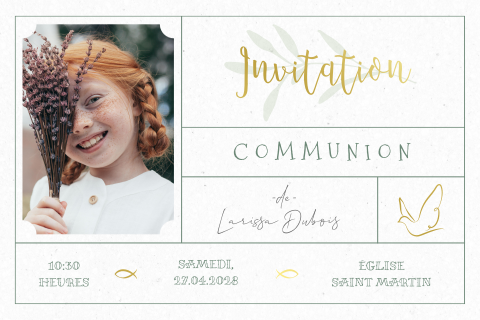 Faire-part originale avec symboles religieux, photo et dorure