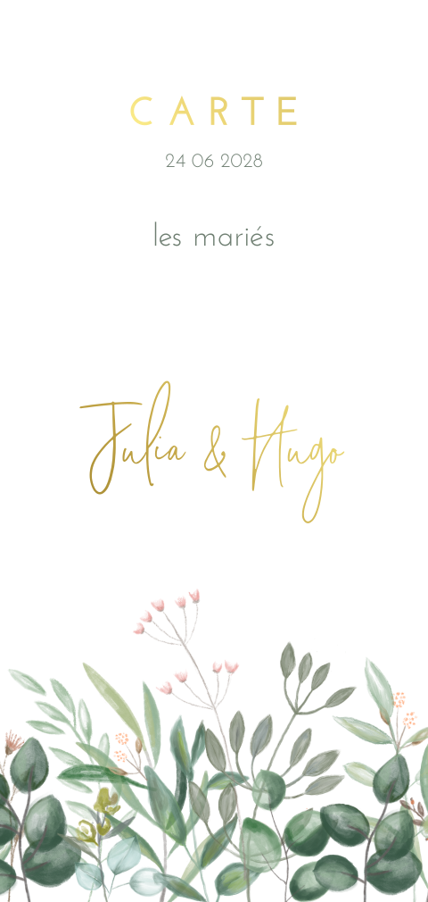 Menu avec dorures et branches de fleurs peintes