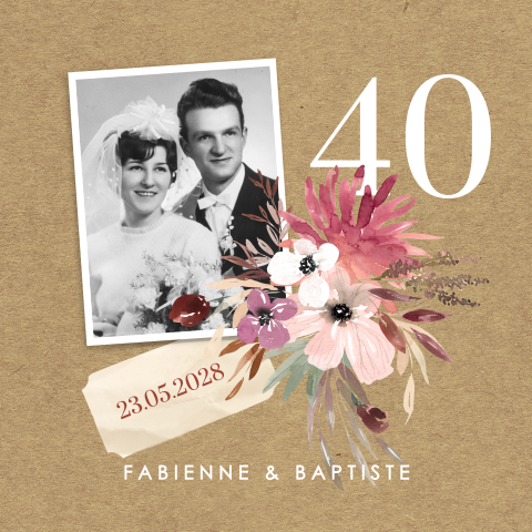 Invitation noces d'Emeraude en beige avec photo et jolies fleurs