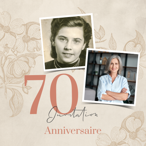 Carte d'invitation pour le 70e anniversaire avec des fleurs dessinées