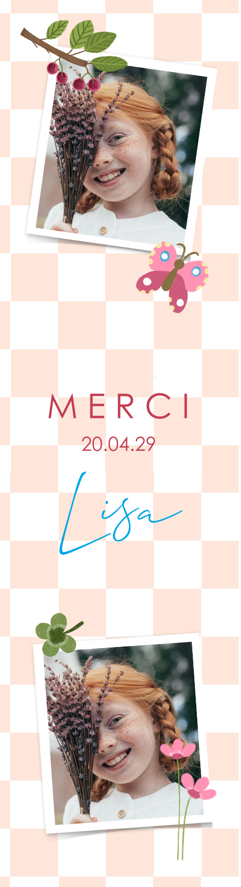 Carte remerciement communion avec quadrillage, fleurs, trèfle et photo