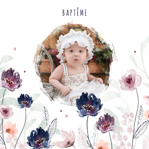Faire-part de baptême avec fleurs roses et violettes