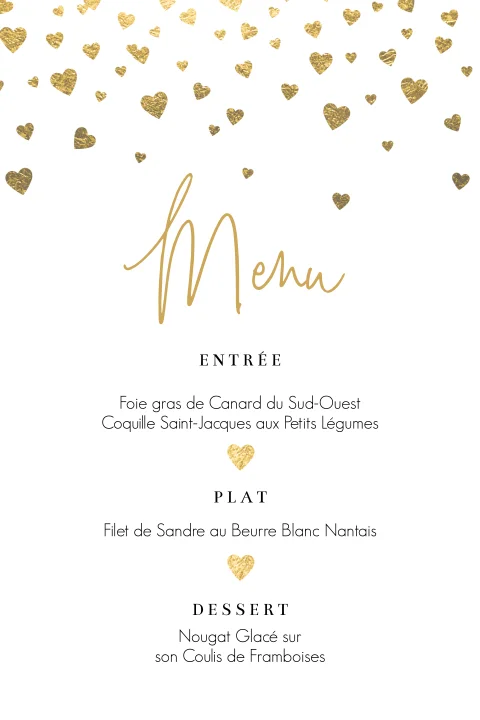 Carte de menu romantique avec des cœurs dorés