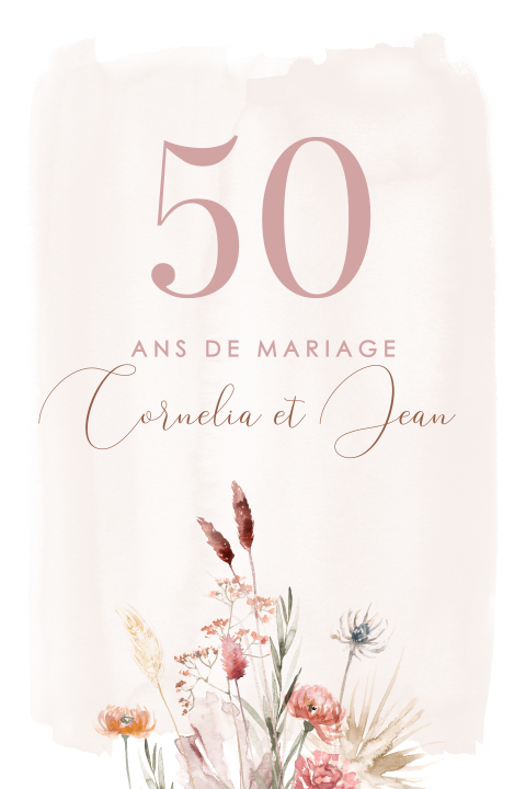 Invitation noces d'or avec fleurs des champs et fond rose pâle