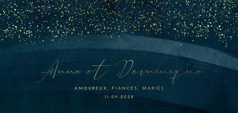Faire-part avec détails dorés, fond bleu nuit et illustrations