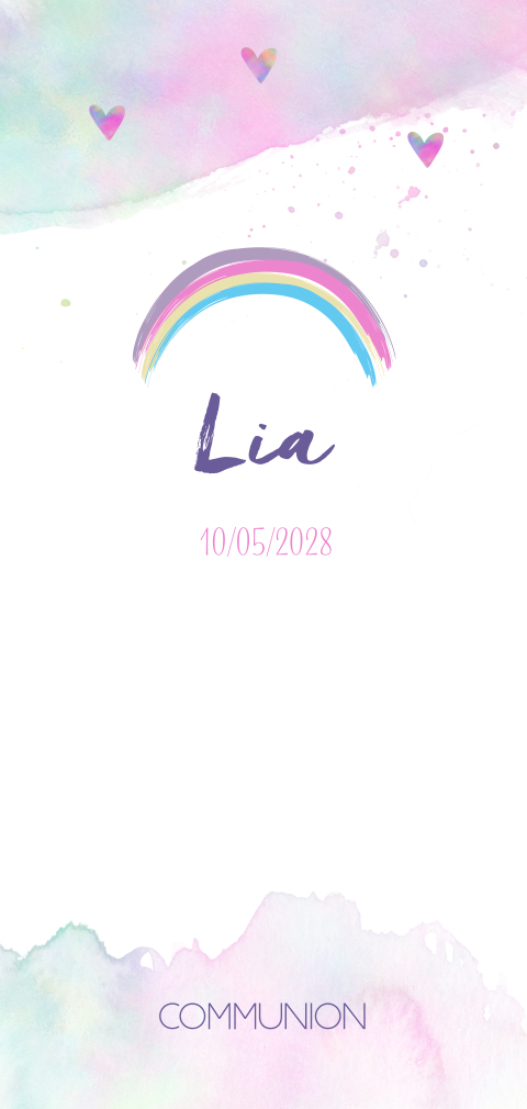 Faire-part de communion avec arc-en-ciel et détails en bleu et violet