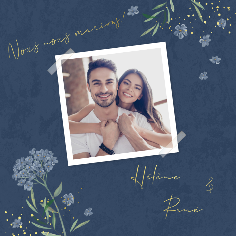 Faire-part élégant avec fleurs, photo et dorure