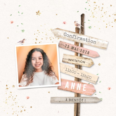 Faire-part de confirmation doux avec photo et panneau indicateur