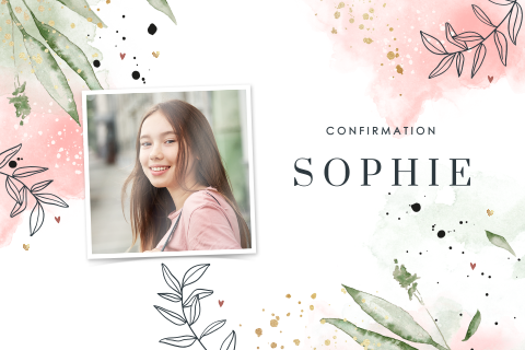 Faire-part de confirmation avec branches et aquarelle rose et verte