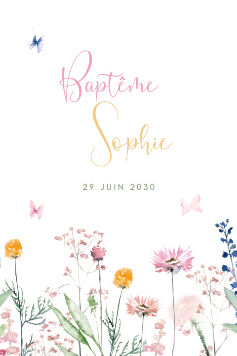Faire-part de baptême floral et coloré avec des papillons